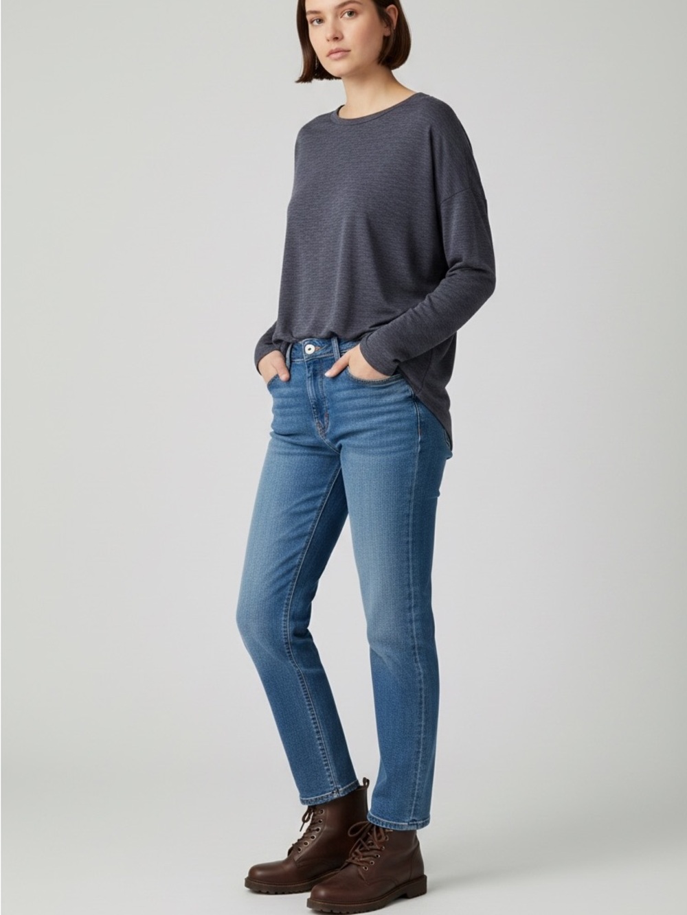 Time and Tru Gray Long Sleeve Relaxed Fit Shirt Tail Hem Top, size large